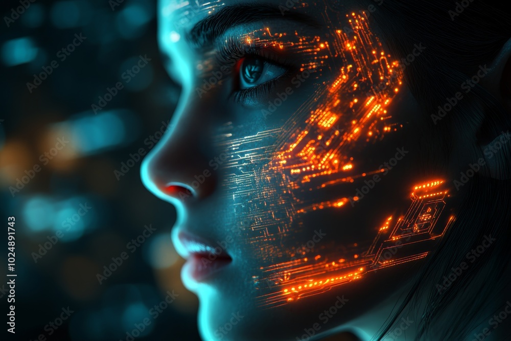 Woman with glowing circuit board pattern on face futuristic technology concept Woman with glowing circuit board pattern on face futuristic technology concept