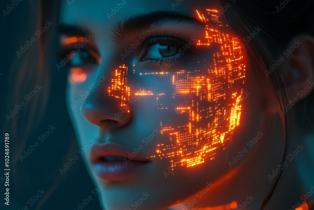 Futuristic Woman with Neon Glow Circuitry Pattern on Face Futuristic Woman with Neon Glow Circuitry Pattern on Face