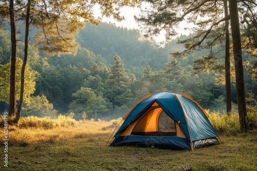 Camping Tent in a Forest Clearing with Morning Mist