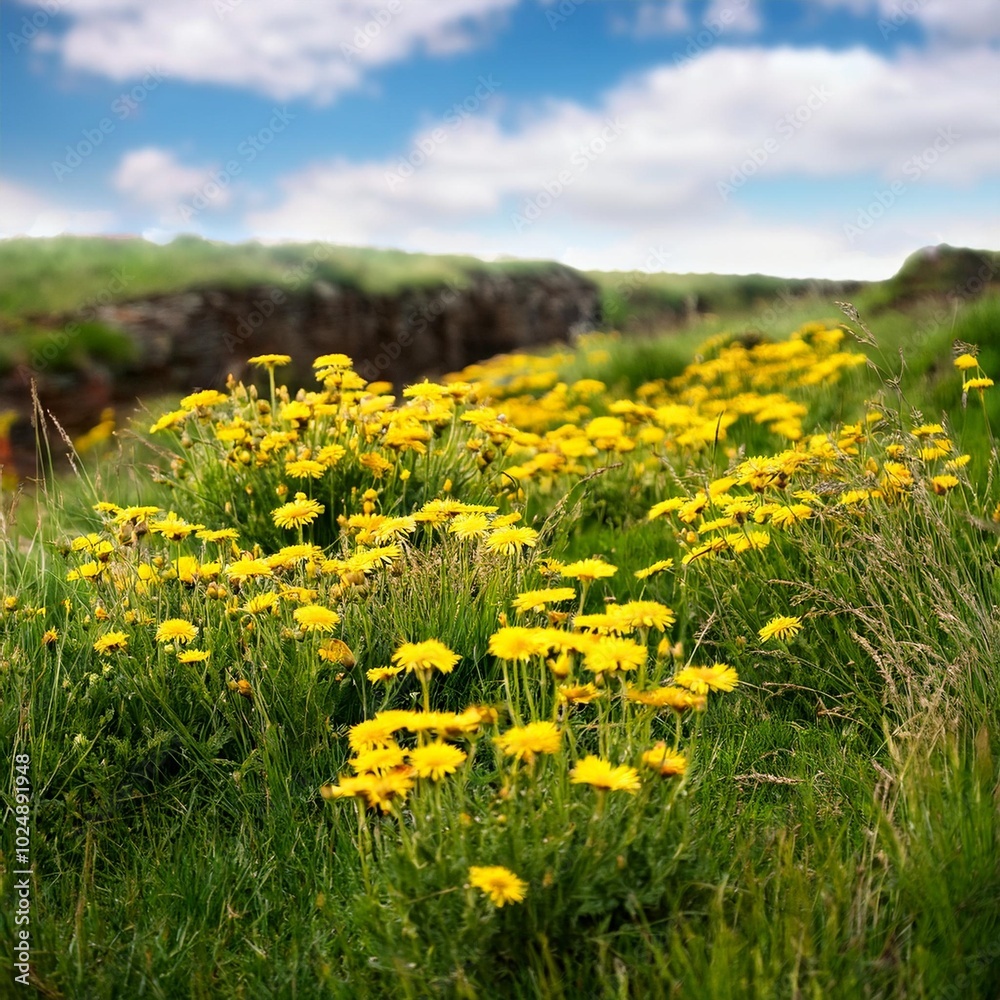a clearing of bright yellow flowers in a green meadow wall hawkweed or hieracium murorum a clearing of bright yellow flowers in a green meadow wall hawkweed or hieracium murorum
