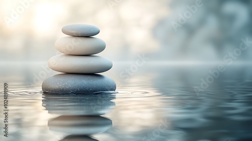 A minimalist zen stone stack, smooth round stones in light gray and beige, arranged against a soft misty background, subtle gradients and shadows, gentle water reflection creating a mirrored effect,