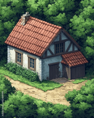 A quaint, rustic house surrounded by lush greenery and a dirt path.