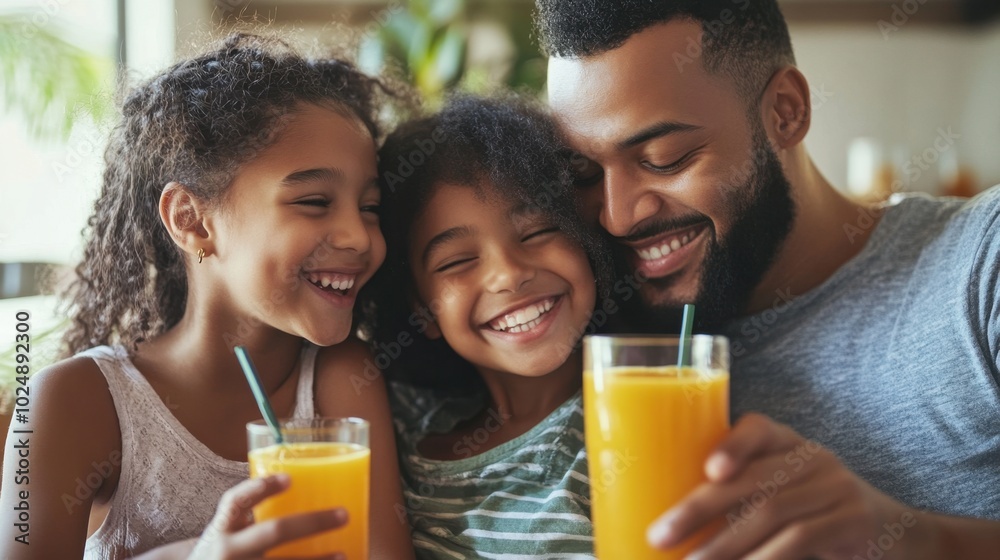 Happy family sitting together and drinking juice, minimal background focusing on their smiles and joy. Happy family sitting together and drinking juice, minimal background focusing on their smiles and joy.