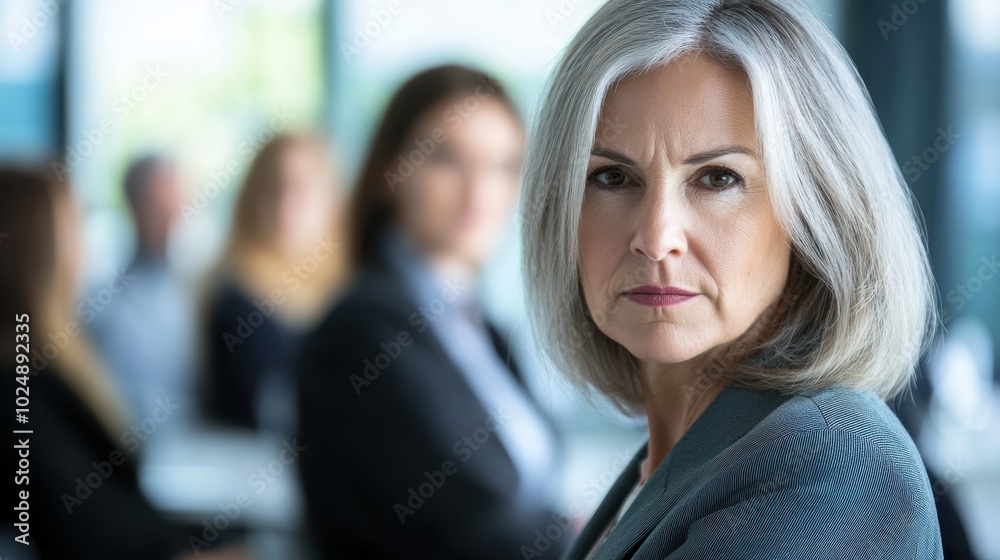 Close-up of senior businesswoman in an office meeting room, blurred coworkers in the background, minimal background focusing on her expression. Close-up of senior businesswoman in an office meeting room, blurred coworkers in the background, minimal background focusing on her expression.