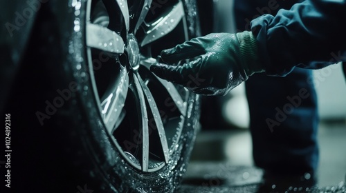 A mechanic in gloves, close up hands examining a wet tire, working process