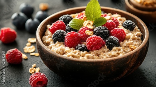 homemade breakfast with creamy oatmeal with fresh berries and crunch