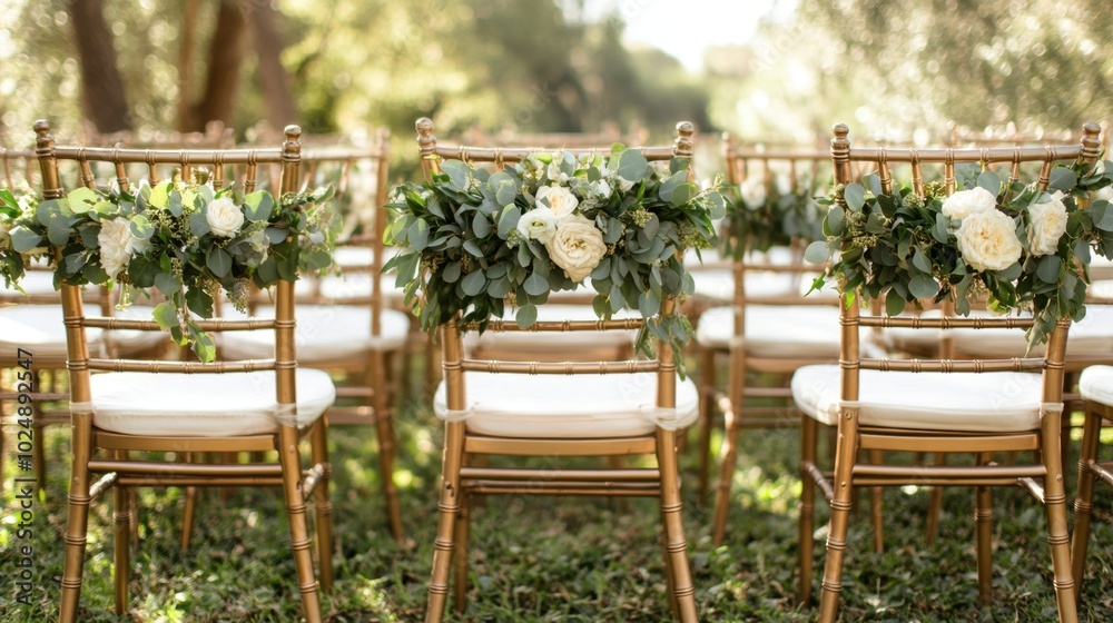 Fototapeta premium Festive chairs on the wedding lined up with eucalyptus adornments on them