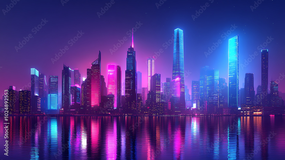 Fototapeta premium Futuristic cyberpunk skyline with neon lights