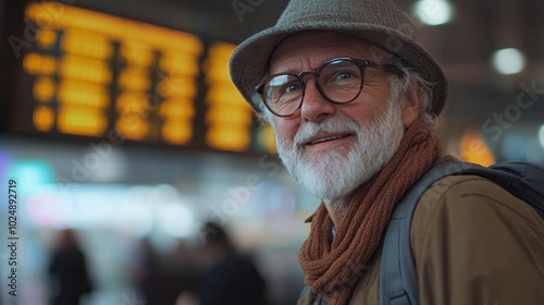 old traveler at an airport against flight information display board