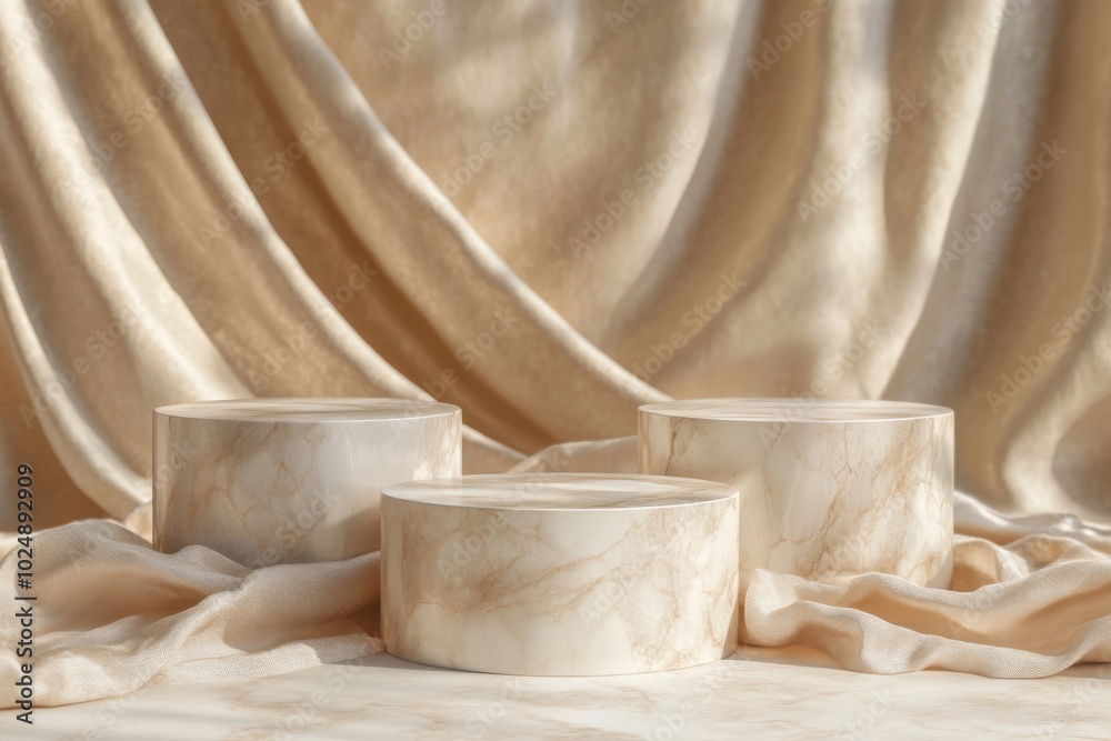 Beige Marble Podiums with Fabric Drape Minimalist Product Display Background Beige Marble Podiums with Fabric Drape Minimalist Product Display Background