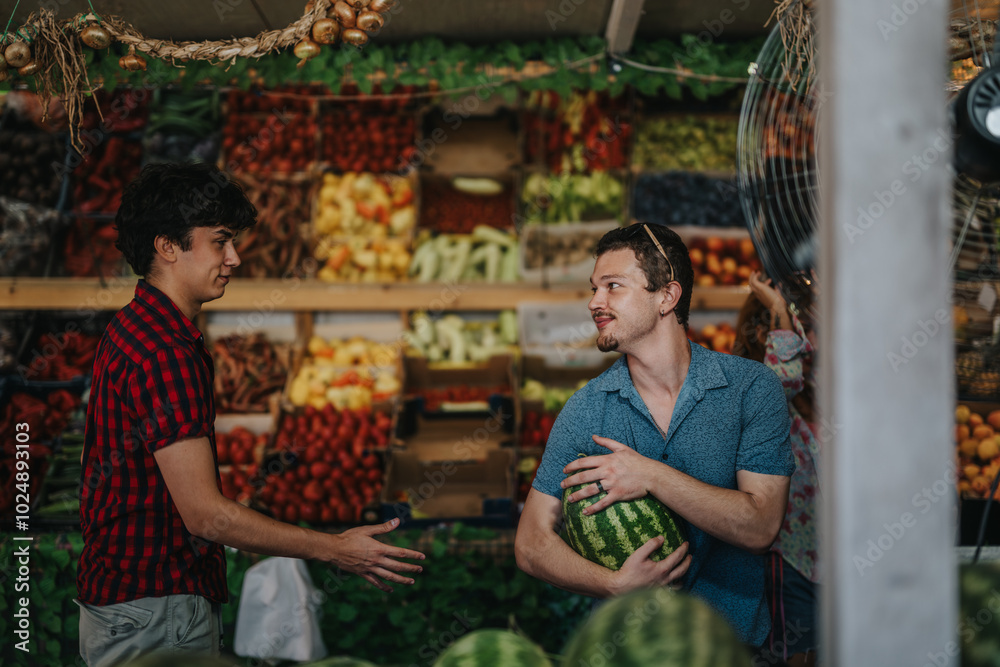 Two friends enjoy purchasing fresh produce at a vibrant local market. The atmosphere is lively as they choose a variety of fruits and vegetables to take home. Two friends enjoy purchasing fresh produce at a vibrant local market. The atmosphere is lively as they choose a variety of fruits and vegetables to take home.