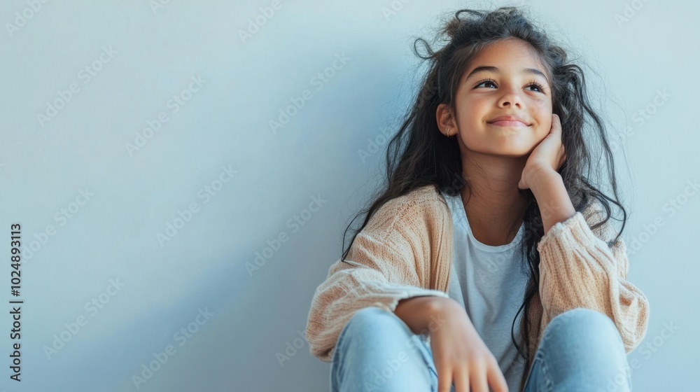 Close-up portrait of a young girl sitting on the floor, looking away and smiling, with copy space and minimal background.