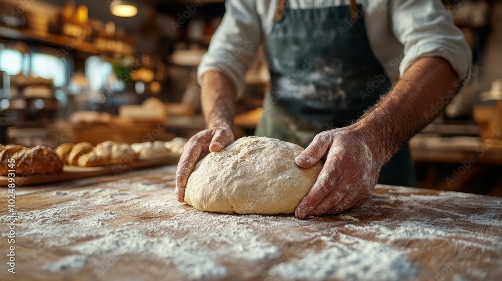 A baker hands working dough on a flour-dusted wooden table, with a cozy bakery setting in the background A baker hands working dough on a flour-dusted wooden table, with a cozy bakery setting in the background