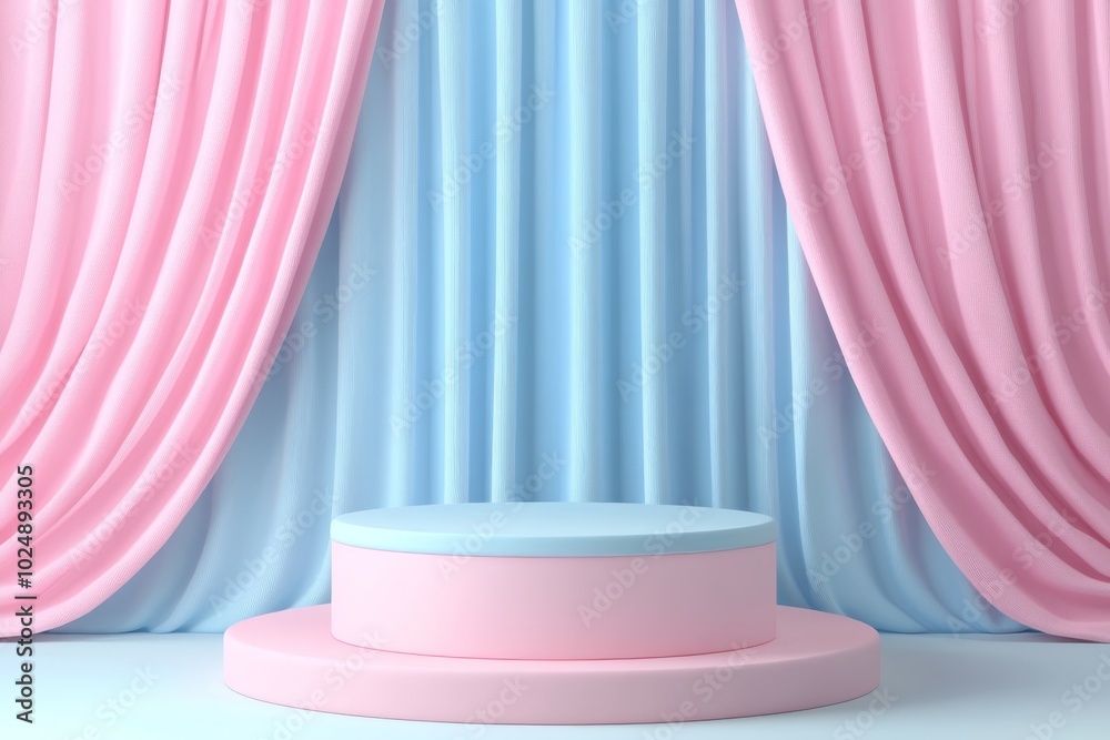 Pink and Blue Draped Curtains with Circular Podium