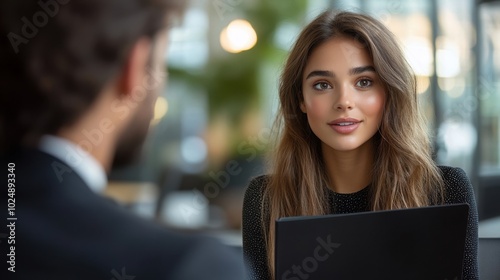 A professional job interview setting with two people, one holding a black folder and looking on other facing camera