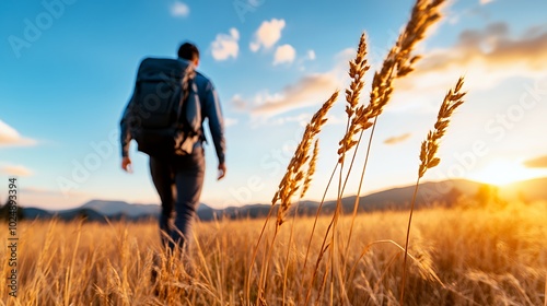 A hiker walks through a golden field of tall grass at sunset.