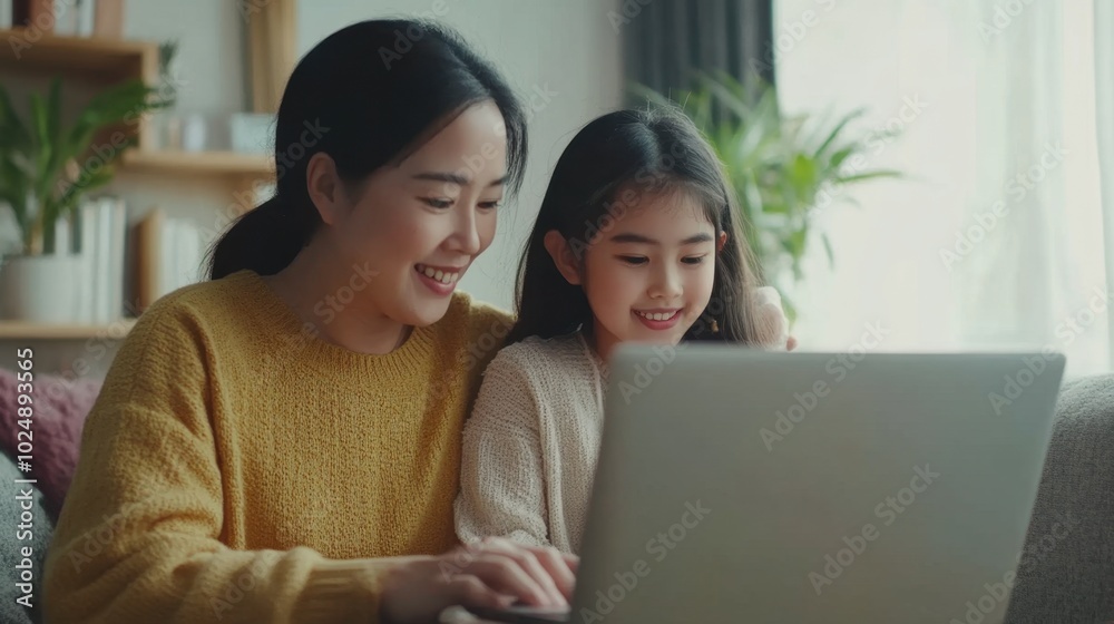 Mother and daughter sharing time together using a laptop at home, minimal background focusing on their interaction. Mother and daughter sharing time together using a laptop at home, minimal background focusing on their interaction.