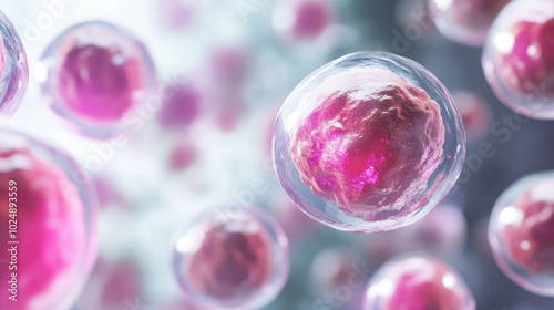 Simple 3D rendering of stem cells with minimal details on a neutral background. Emphasizing cellular biology for cancer treatment research.