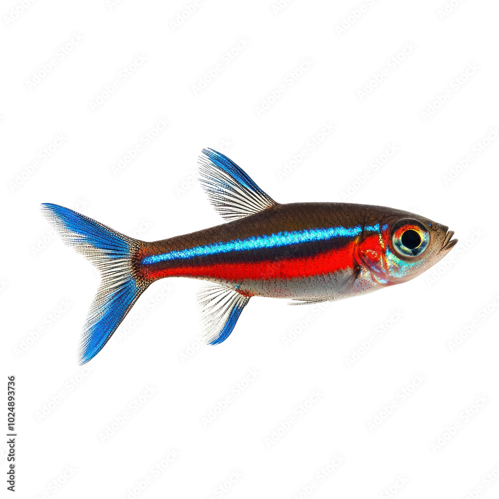 Fototapeta premium Neon Tetra featuring its glowing blue and red stripes. isolated on transparency background
