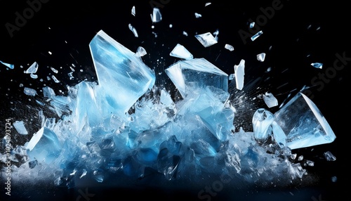 abstract blue ice crash explosion parts on black background shattered ice fragments dynamic ice burst effect high impact frozen explosion dramatic blue ice visual intense ice impact design