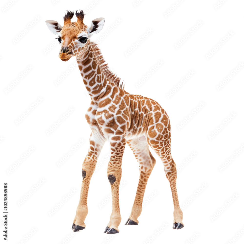 Naklejka premium Newborn baby giraffe with long, spindly legs and distinctive spots, standing on shaky legs. isolated on transparency background
