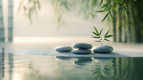 A serene zen composition of balanced stones and small bamboo leaves, smooth textures and soft gradients of gray and green, placed on a soft sand surface with delicate raked patterns,