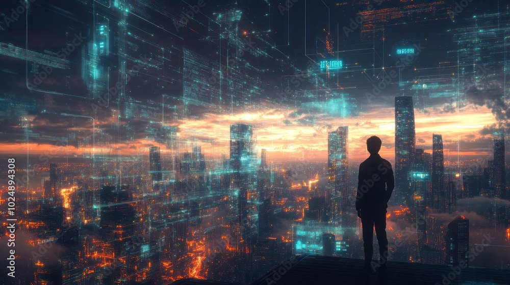 A Solitary Figure Gazing at a Futuristic Cityscape Under a Digital Sky A Solitary Figure Gazing at a Futuristic Cityscape Under a Digital Sky