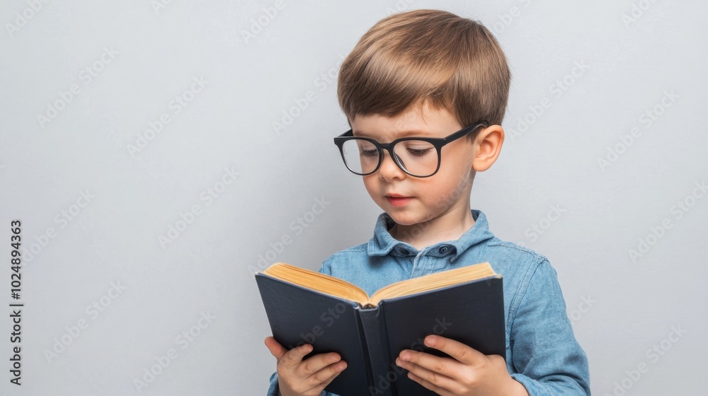 Child with glasses reading a book, isolated on a plain background, emphasizing education. Child with glasses reading a book, isolated on a plain background, emphasizing education.