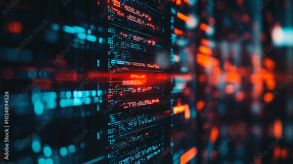 Futuristic digital data flow with vibrant blue and red light patterns in a tech environment