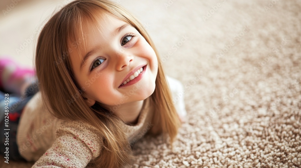 Fototapeta premium Smiling young girl sitting on the floor, looking to the side, close-up portrait with ample copy space.