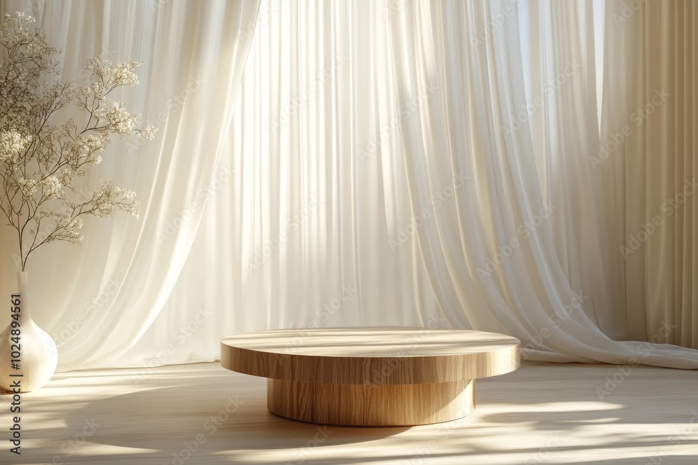Minimalist Wooden Podium with Sheer Curtains and Sunlight