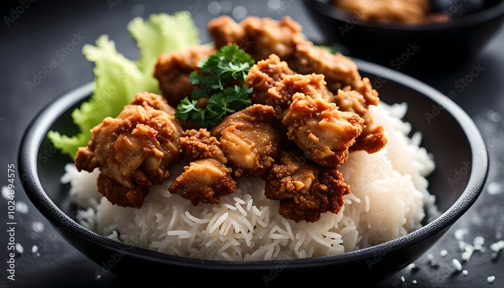 Japanese Fried crispy Chicken Karaage in black bowl with rice and cabbage
Japanese Fried crispy Chicken Karaage in black bowl with rice and cabbage