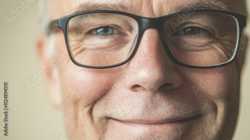 Close-up of an older man's face with glasses, smiling softly, on a neutral background.