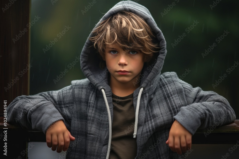 Portrait of a boy in a raincoat on a rainy day Portrait of a boy in a raincoat on a rainy day