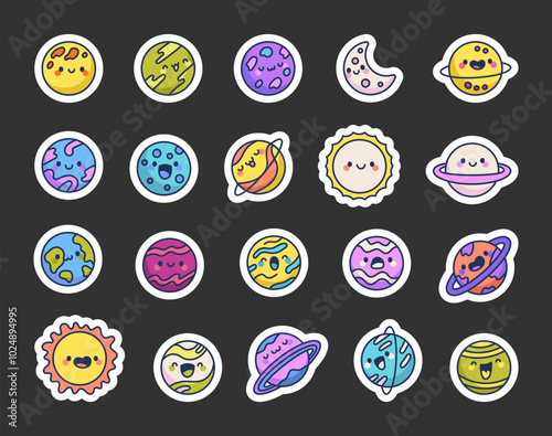 Cute kawaii planets. Sticker Bookmark. Friendly cosmic objects. Hand drawn style. Vector drawing. Collection of design elements.