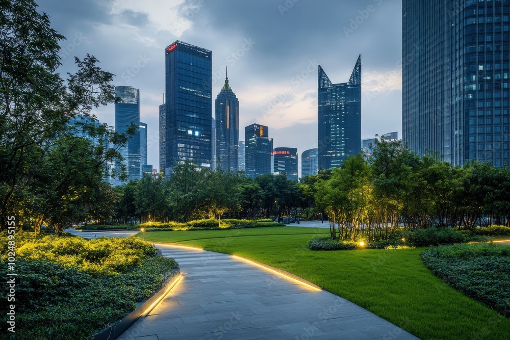 Urban Green Space Park: Modern City Park with Green Lawn and Office Buildings in Shanghai at Dusk Urban Green Space Park: Modern City Park with Green Lawn and Office Buildings in Shanghai at Dusk