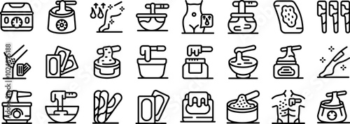 Wax depilation icons set. Set of linear icons representing different types of wax and tools for hair removal, a beautician applying hot wax to a client body for depilation treatment