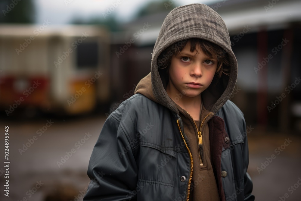 Portrait of a boy in a hood on a background of train Portrait of a boy in a hood on a background of train