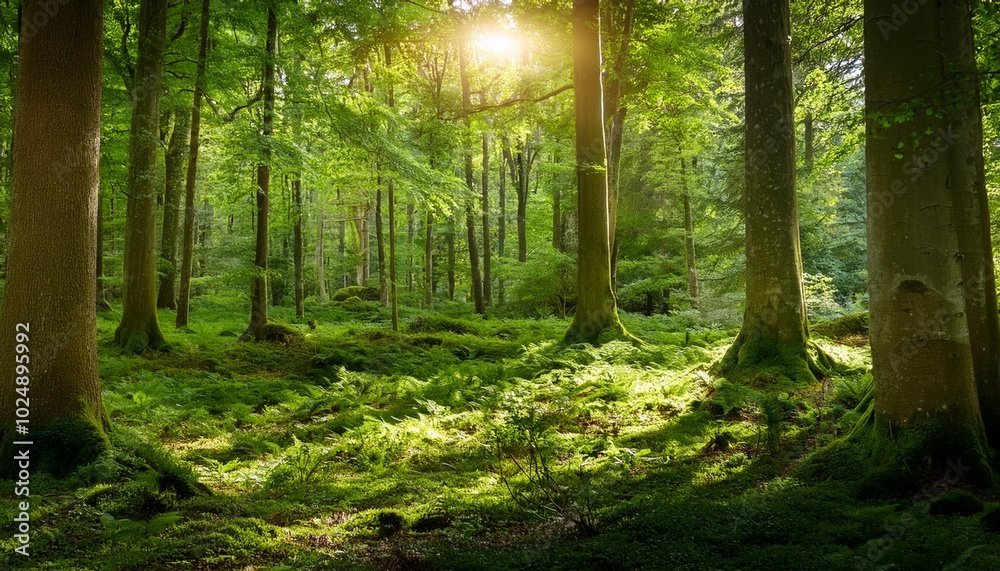 Fototapeta premium a lush green forest illuminated by dappled sunlight filtering through the canopy creating a magical atmosphere