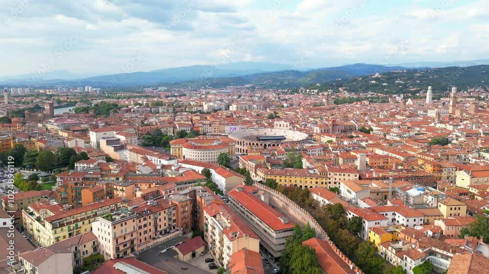 Italy, October 10, 2024: Panoramic aerial view of the beautiful city of love, Verona, in Veneto with its wonderful Arena and the Adige river Italy, October 10, 2024: Panoramic aerial view of the beautiful city of love, Verona, in Veneto with its wonderful Arena and the Adige river