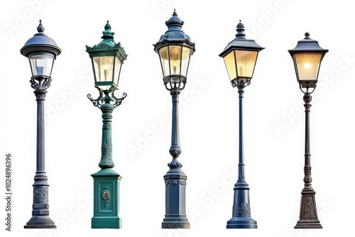 Vintage Street Lamp. Set of Five Retro Style Outdoor Lamp Posts and Lanterns Isolated on White Background