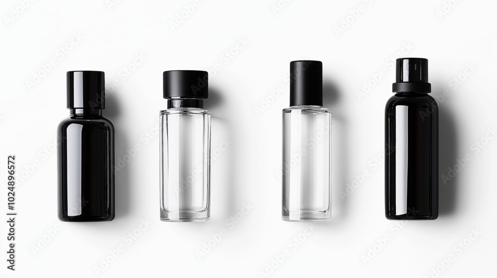 Four small empty bottles, two black and two transparent, with black caps on a white background, arranged in a neat row. Four small empty bottles, two black and two transparent, with black caps on a white background, arranged in a neat row.