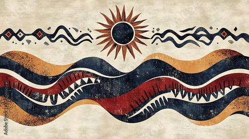 A vector design of tribal patterns with stylized waves and sun motifs, earthy colors like deep red, ochre, and navy, fine lines and subtle textures, symmetrical composition with repeating elements,