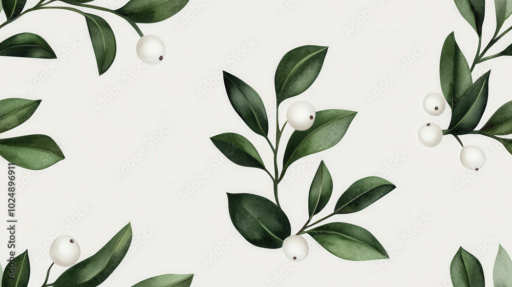 Green leaves and white berries on a soft background design. Green leaves and white berries on a soft background design.