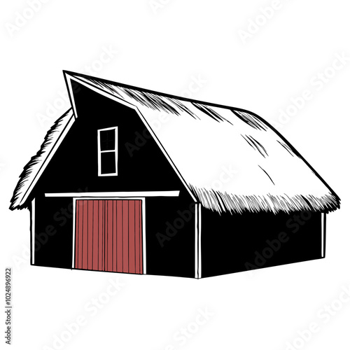  Rustic Barn Illustration with Thatched Roof and Red Doors Vector Art