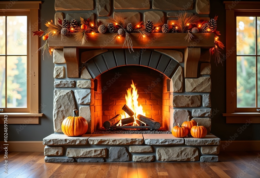 Cozy fireplace, pumpkins, pinecones, lighting, fall interiors, autumn decorations, thanksgiving Cozy fireplace, pumpkins, pinecones, lighting, fall interiors, autumn decorations, thanksgiving