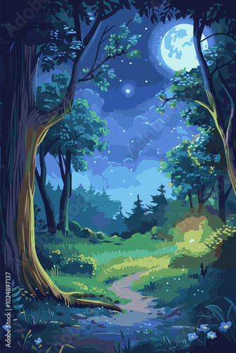 Enchanted night forest scene with full moon and stars