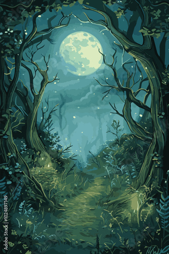 Mystical forest pathway under full moon, haunting ambiance, eerie trees