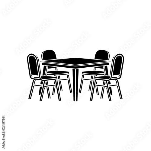  Minimalist Black Silhouette of Dining Table with Four Chairs Vector Illustration