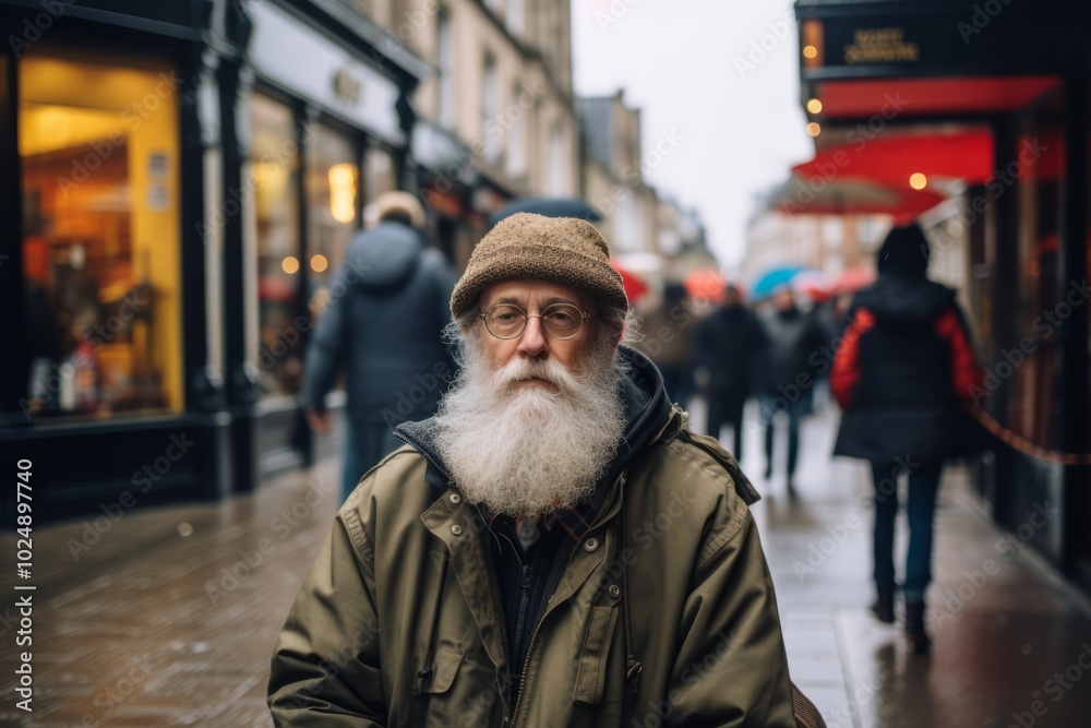 Elderly bearded man with glasses and a hat on the streets of London Elderly bearded man with glasses and a hat on the streets of London